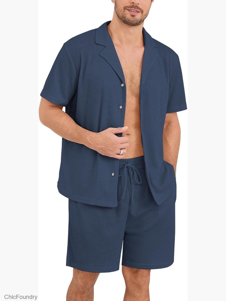 Men's Waffle Knit Pajama Set Button Down Long Sleeve Top And Pants Sleepwear